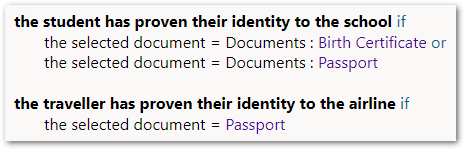 Rules in a flow project showing the identity of a named record using the equals operator