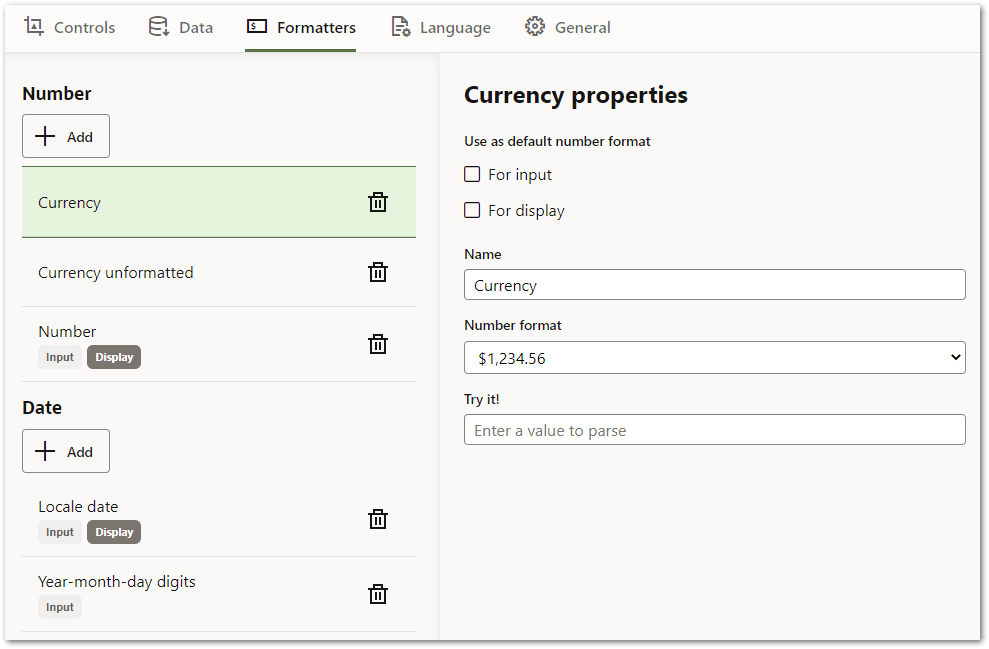 The Formatters tab in a flow scheme project in Intelligent Advisor Hub showing a currency number formatter