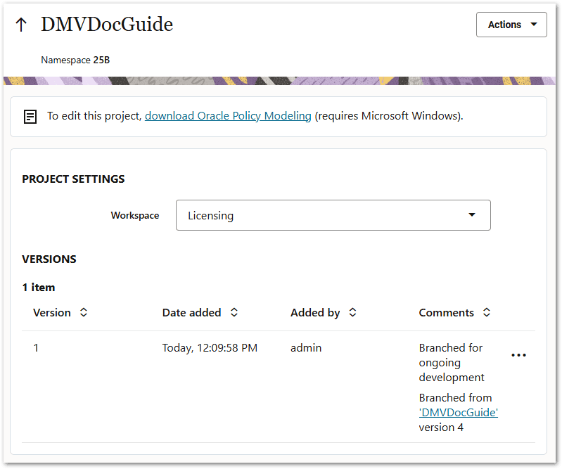 A newly branched project in a namespace in Intelligent Advisor Hub