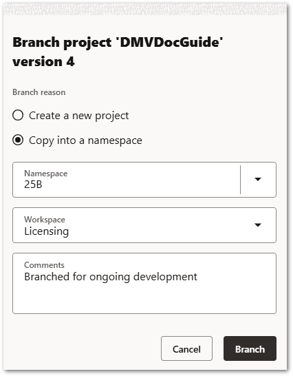 The Branch project dialog in Intelligent Advisor Hub for a Policy Modeling project showing the Copy into a namespace option selected