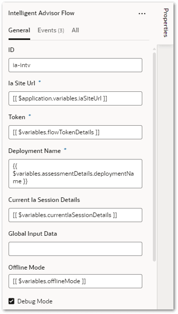 The Properties pane for the Intelligent Advisor Flow component in Visual Builder showing the Debug Mode checkbox selected