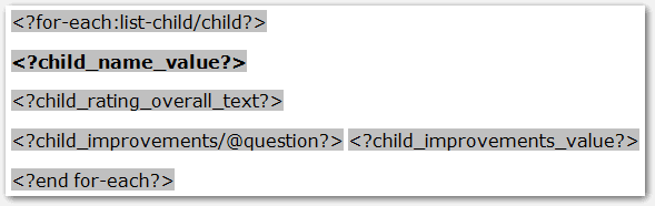 Form template showing fields for an entity group to be displayed by entity