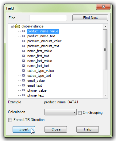 BI Publisher Field dialog showing attribute selected to be inserted