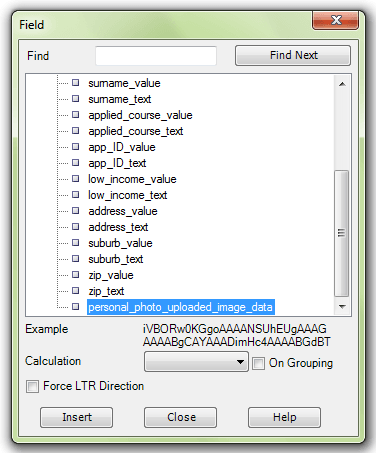 BI Publisher Field dialog showing upload image field selected to be inserted
