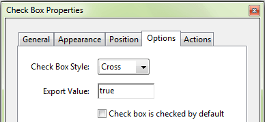 The options properties for a checkbox showing the selection of checkbox style and export value