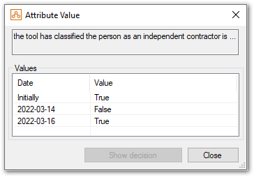 Attribute Value dialog showing all the change points for the attribute
