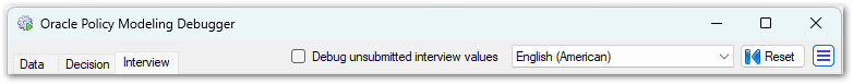 The command buttons in the Oracle Policy Modeling Debugger