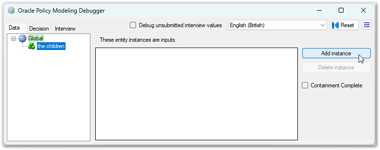 The Add instance button in the Data view of the Debugger
