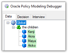 Data tab in Debugger showing child entities labelled by their values