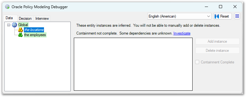 Debugger Data tab with inferred containment relationship selected
