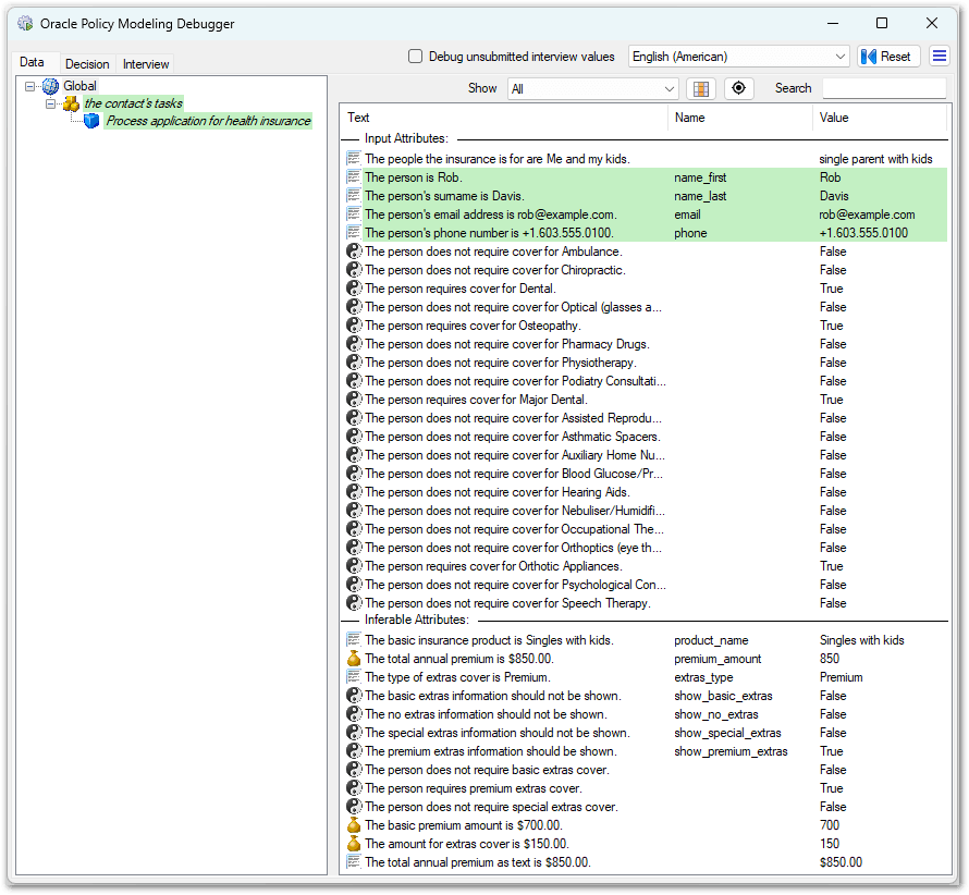 Known attribute values shown on the Data tab in the Debugger