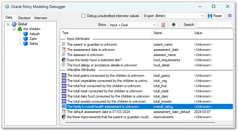 Debugger Data view showing goal attribute selected