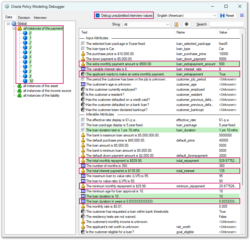 The Data tab in the Oracle Policy Modeling Debugger showing known values when Debug unsubmitted interview values is selected