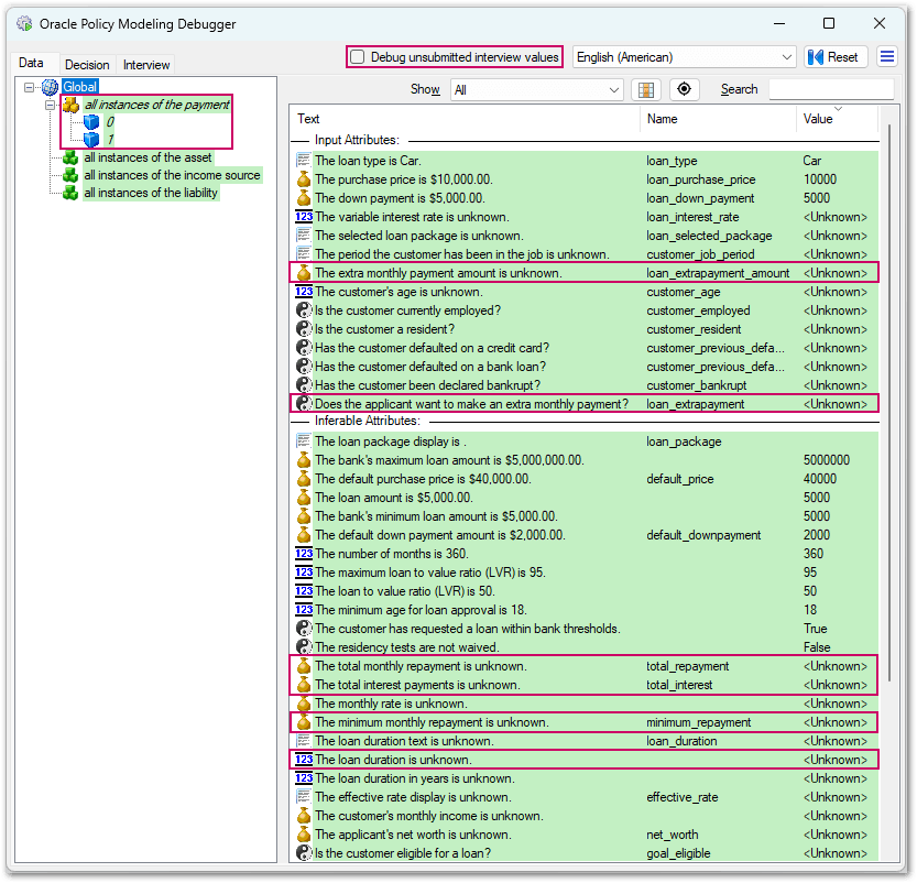 The Data tab in the Oracle Policy Modeling Debugger showing unknown values when Debug unsubmitted interview values is unselected