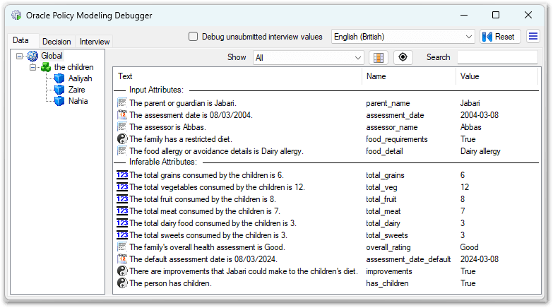 The Oracle Policy Modeling Debugger user interface
