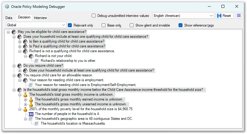 The user interface of the Decision view in the Oracle Policy Modeling Debugger