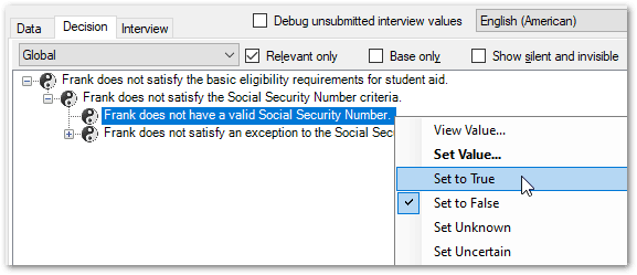 The Decision view showing the value of a visibility attribute and how to change it