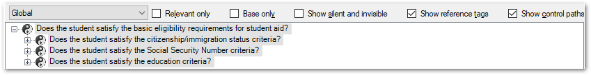 The Decision view when accessed by the Relevant link in the Details window on the Interview tab showing control paths only