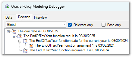 The Policy Modeling Debugger showing how 'the due date' attribute value is calculated through a custom function
