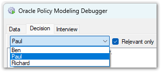 The Decision view in the Debugger showing the filtering of attributes by entity
