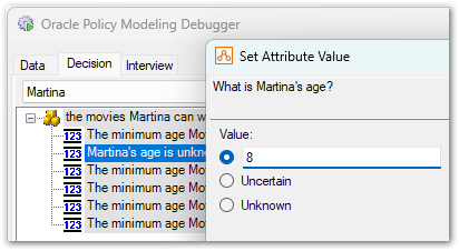 Debugger Decision view showing set attribute values