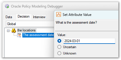 Debugger Decision view showing set attribute values