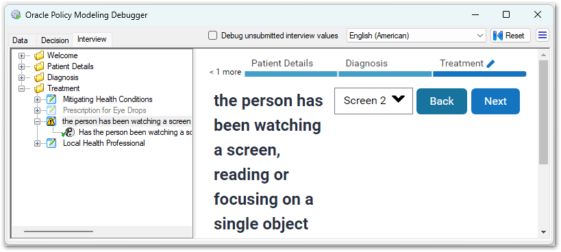 An automatic-type screen in an interview in the Debugger