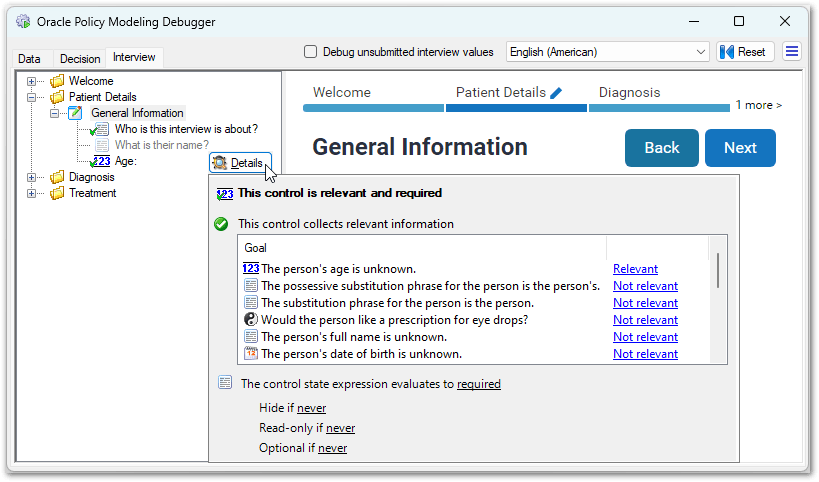The screens list on the Debugger showing details for an optional control