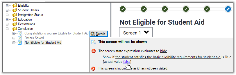 The Interview tab in the Debugger showing details for a screen that will not be shown