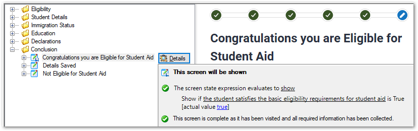 The Interview tab in the Debugger showing details for a screen that will be shown as a result of changes to answers