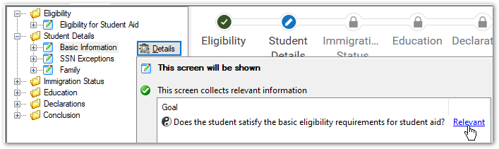 The Interview tab in the Debugger showing details for a relevant screen
