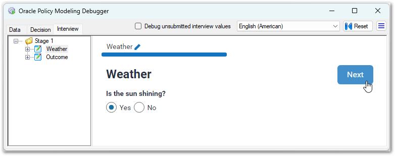 Image of the Debugger in Policy Modeling showing an interview question screen