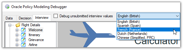 Language dropdown menu in Oracle Policy Modeling Debugger