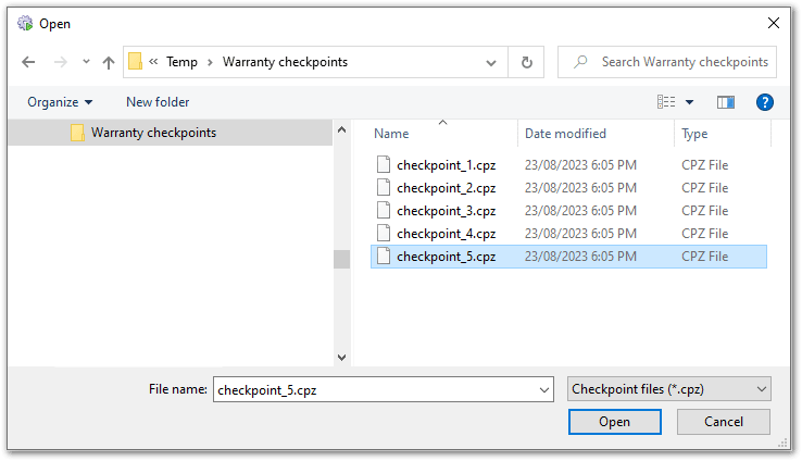 The Open dialog when importing a checkpoint file in to Oracle Policy Modeling Debugger