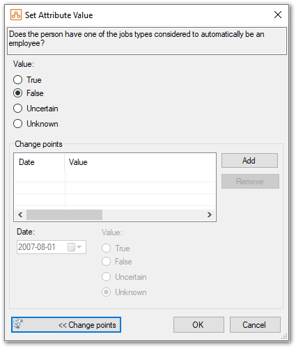 Set Attribute Value dialog showing change points fields