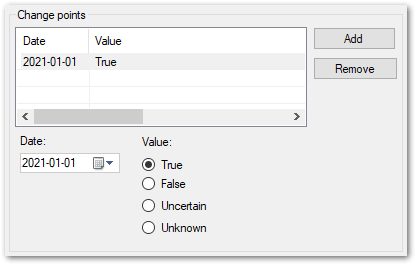 Set Attribute Value dialog showing the date and value of a change point for an attribute