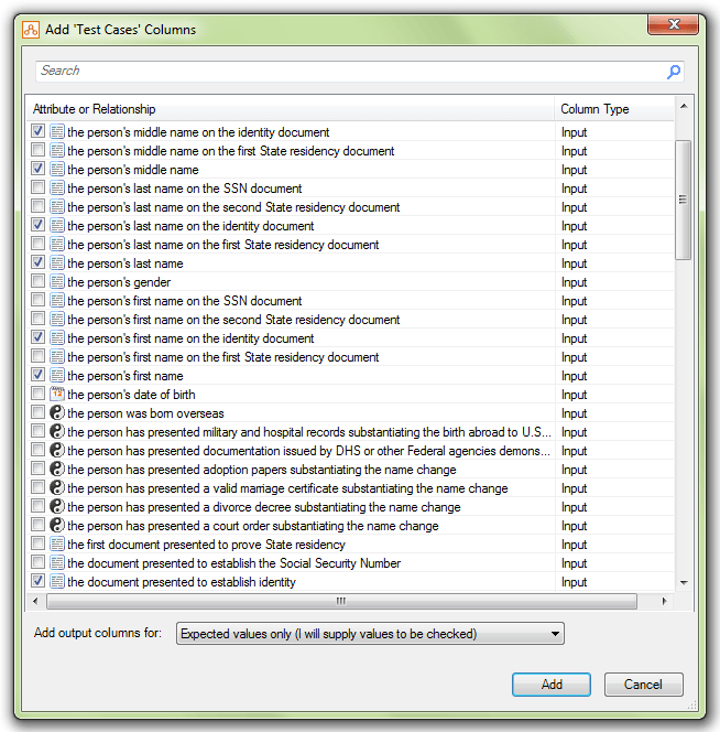 The Add Column dialog in a testing document showing the selection of input attributes and relationships in the global entity