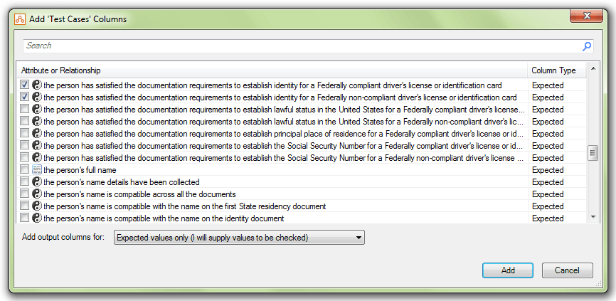 The Add Column dialog in a testing document showing the selection of expected attributes in the global entity