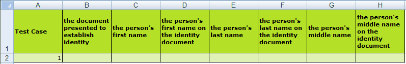A testing document in Excel showing input columns having been added for the global entity