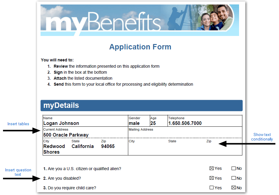 A pre-filled claim form showing the inclusion of tables, conditional text and question text