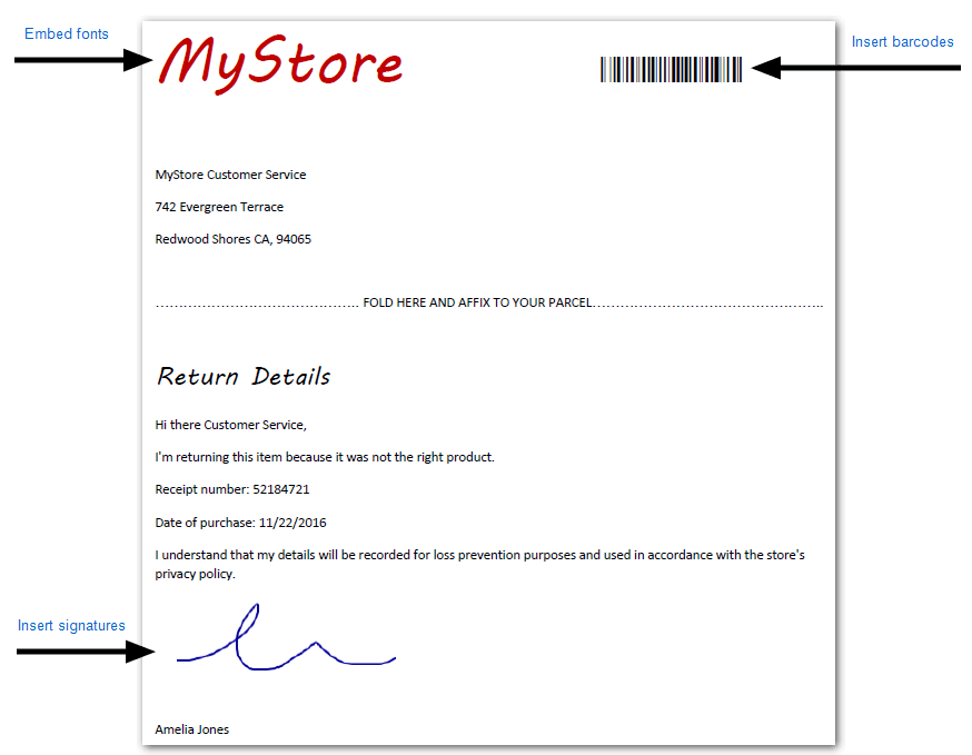 A returns form showing the inclusion of embedded fonts, barcodes and signatures