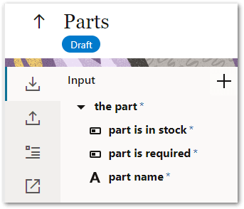 The input contract for the Parts decision service in Intelligent Advisor Hub