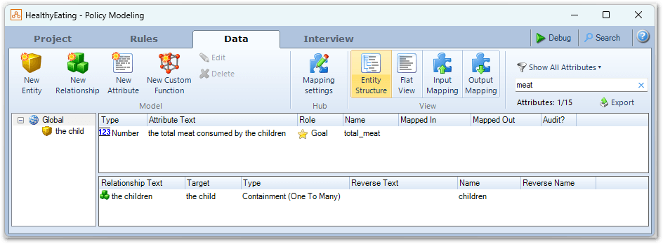 Image of an attribute list in the tri-pane view of the Data tab in Policy Modeling, showing global attributes filtered by the text in the Filter box