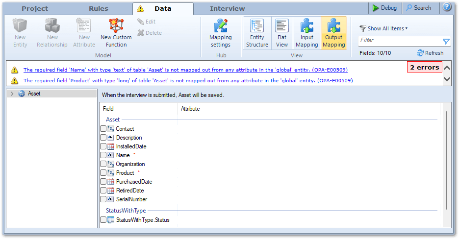 The Output Mapping view showing the tables in the connected application that will save data from Intelligent Advisor, as well as the errors for required fields as a result of the global mappings
