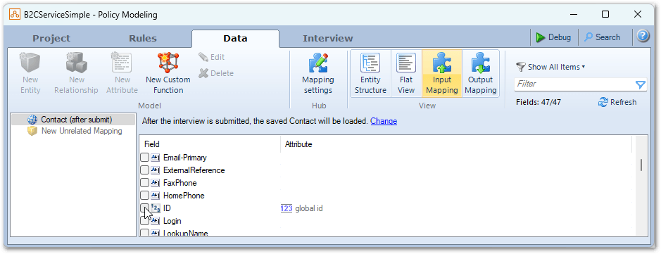 The Input Mapping view on the Data tab showing an unchecked checkbox for an unmapped field