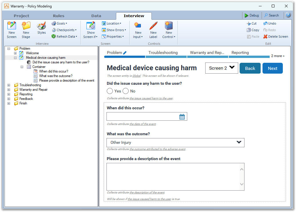 Interview tab in Oracle Policy Modeling