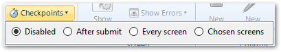 The Checkpoints drop-down window on the Interview tab in Oracle Policy Modeling with the Disabled option selected