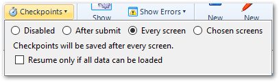 The Checkpoints drop-down window on the Interview tab in Oracle Policy Modeling with the Every Screen option selected
