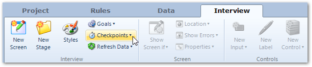 The Checkpoints button on the Interview tab in Oracle Policy Modeling