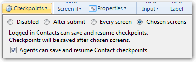 The Checkpoints drop-down window on the Interview tab in Oracle Policy Modeling showing the 'Agents can save and resume Contact checkpoints' option selected